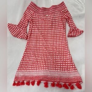 🌞 Cabana Life Women’s Off-the-Shoulder UPF 50+ Dress –Size Large –Coral & White